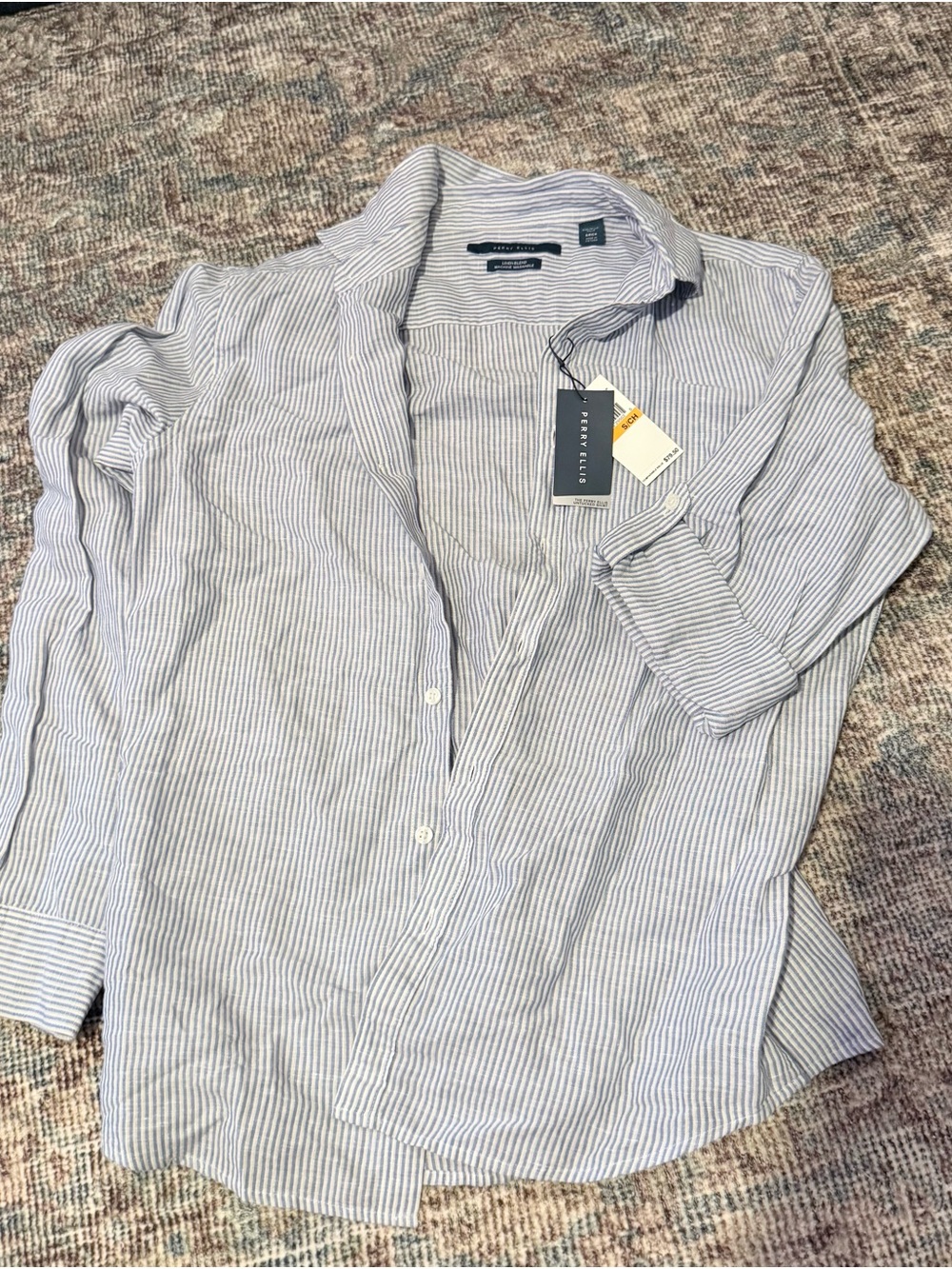 Perry Ellis Blue and White Striped Casual Button-Down Shirt - Picture 4 of 5